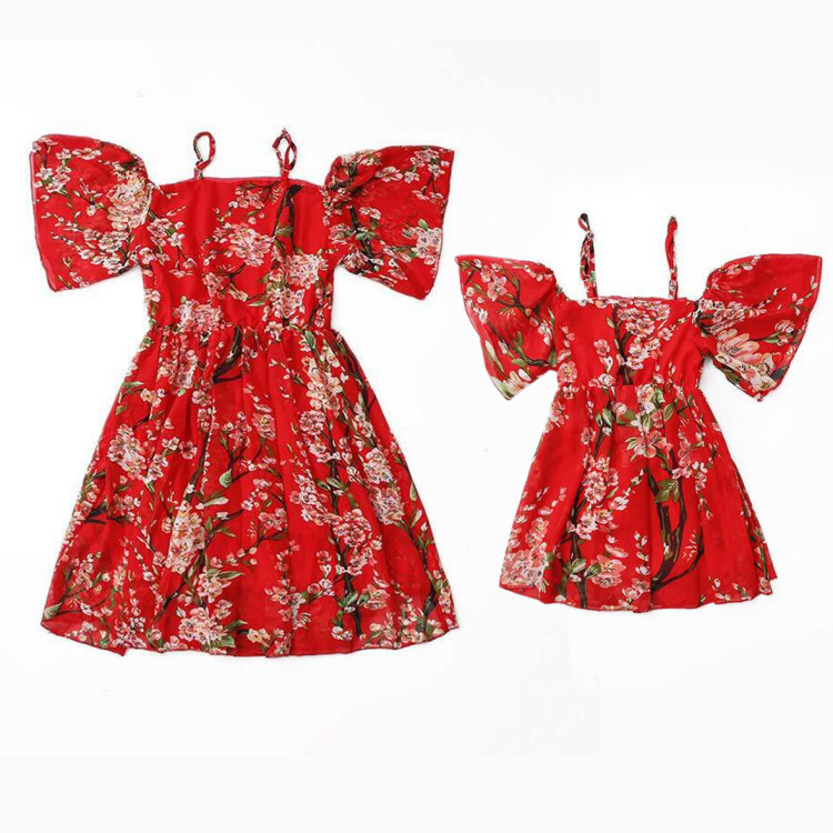 Value Clearance Europe and America catwalk plum print sling trumpet sleeves beach side beach mother and daughter dress