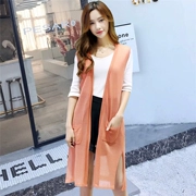 Áo len dệt kim nữ size lớn 2018 hè mới béo mm dài áo vest rộng tay không tay mỏng bên ngoài