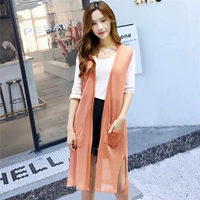 Áo len dệt kim nữ size lớn 2018 hè mới béo mm dài áo vest rộng tay không tay mỏng bên ngoài áo khoác cardigan nữ