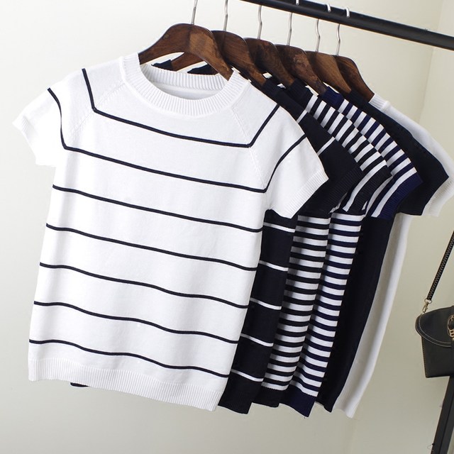 2022 summer women's clothing simple and versatile basic black and white striped short-sleeved cotton T-shirt women's t-shirt striped bottoming shirt for women