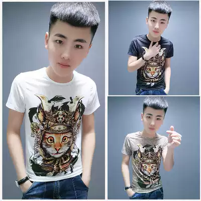 Spirit guy round neck short sleeved men's T-shirt summer new all-match ice silk stretch social people printed slim T-shirt