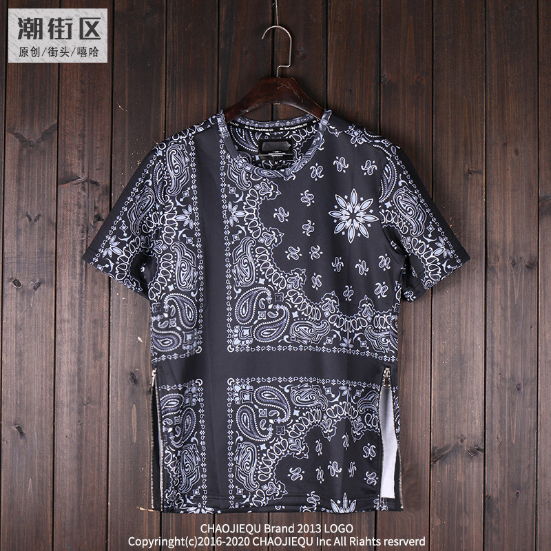 西海岸腰果花嘻哈男潮流欧美民族风印花BBOY宽松街舞服装短袖T恤