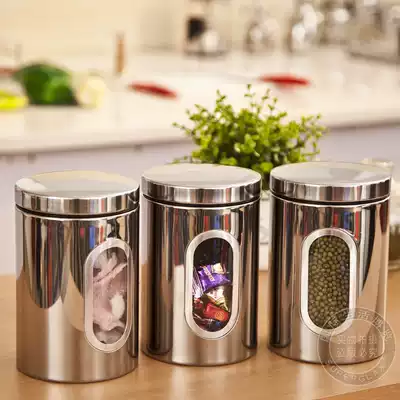 Foreign trade 304 stainless steel storage tank sealed tank Tea tank Snack tank transparent visual three-piece kitchen utensils