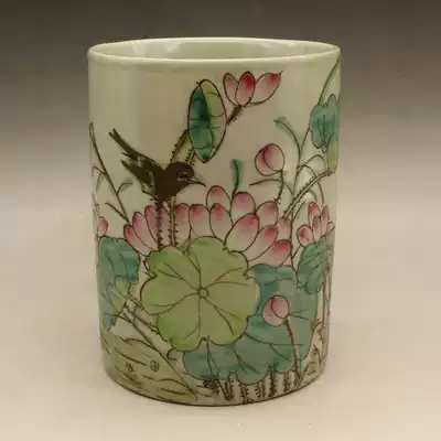 Republic of China pink flower and bird pen holder Wen Fang four treasures antique ornaments collection antique porcelain antique factory goods old