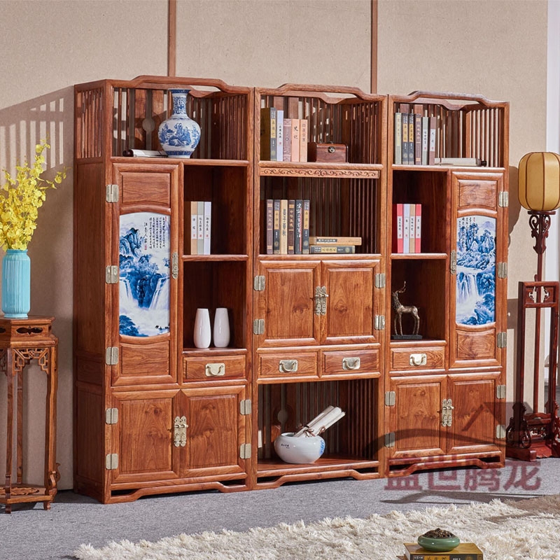 Mahogany wine cabinet new Chinese style rosewood bookcase hedgehog red sandalwood storage cabinet porch cabinet solid wood multi-functional combination cabinet