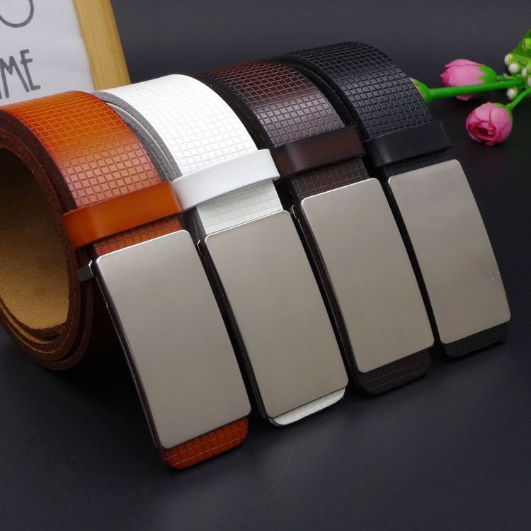 Flat men's genuine leather plaid belt single layer pure cowhide smooth buckle belt Korean casual pants belt