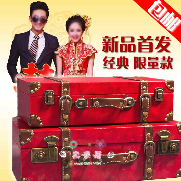 Big red suitcase women's wedding box dowry box bride dowry wooden box vintage luggage box makeup handbag bag