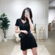 Livia 18 retro mùa xuân đơn ngực nhỏ V-cổ tay áo ngắn eo ren ô mới Mỹ đu ăn mặc Một từ