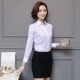 Áo sơ mi nữ chuyên nghiệp mới Áo sơ mi sọc tím mỏng công cụ tay dài cổ áo trắng cổ chữ V cotton OL