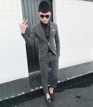 Social guy trend mens slim single button suit Hair stylist small size tight mens suit Two-piece small suit