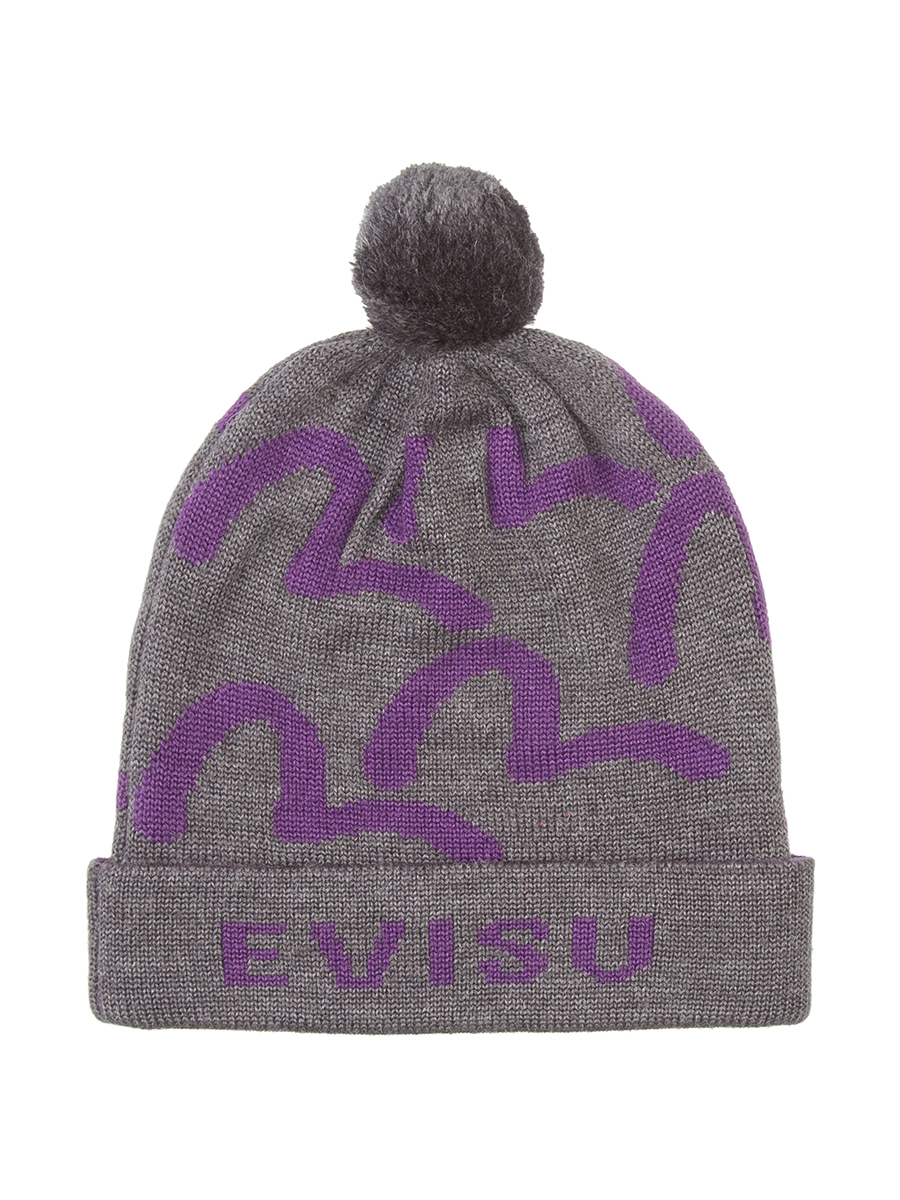 Evisu 灰色Logo毛球饰针织帽