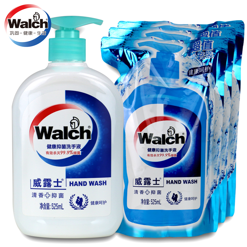 威露士洗手液健康抑菌清新薄荷525ml* 1瓶+ 健康抑菌525ML*3袋