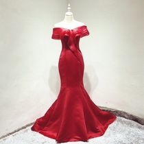 Temperament Banquet Dress long style Shoulder Fish Tail Brides Toast Fashion annual fashion Annual Meeting Hosted Trailing Evening Dress