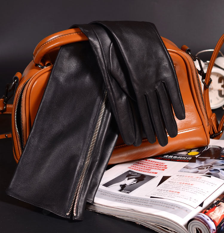 Leather gloves Long version of laced gloves female autumn winter genuine leather arms cover sheep leather bracelet with long gloves lengthened gloves female