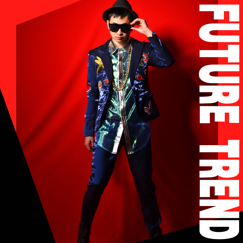 Exclusive] nightclub male singer DSDJ royal blue stitching embroidery suit big-name bar performance costume accessories