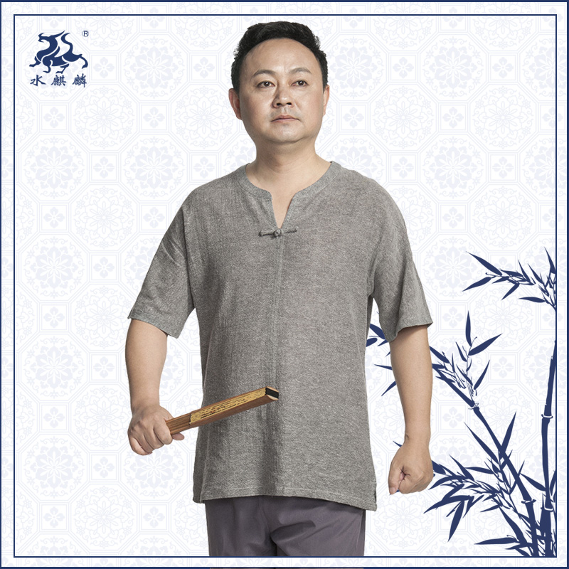水麒麟男士棉麻短袖t恤夏装中年爸爸装上衣中老年男装体恤衫大码