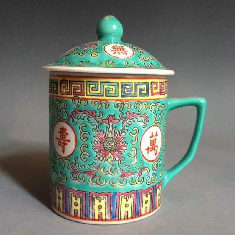 Jingdezhen factory goods ceramics Pastel hand-painted green manshou big dwarf tea cup lid cup lid bowl stock brand new water cup