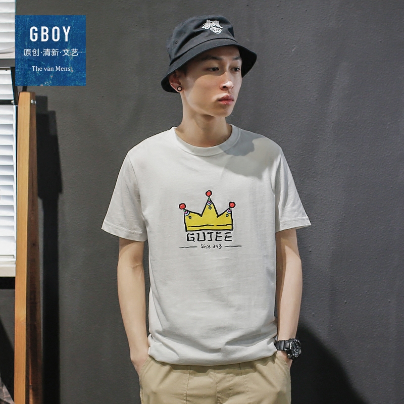 GBOY夏季日系卡通皇冠印花短袖T恤男青年打底衫半袖上衣水洗短tee