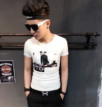 Summer Korean mens short-sleeved T-shirt round neck print half-sleeved mens white T-shirt mens slim fashion clothes