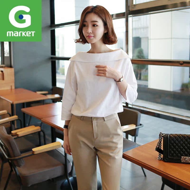 韩国新品女装[Clicknfunny]纯棉百搭休闲T恤小清新文艺一字领上衣