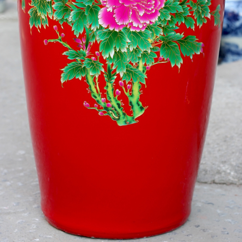 Jingdezhen ceramics China red color big vase peony hotel home sitting room ground adornment large - sized furnishing articles