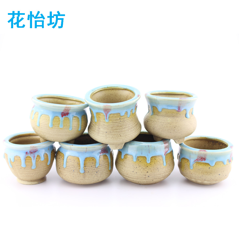 新品 桌面简约多肉植物花卉绿植 创意韩式多肉流蓝釉陶瓷花盆