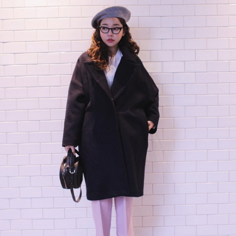 韩国stylenanda官方正品 简约纯色隐形口袋宽松版大衣-海军蓝色