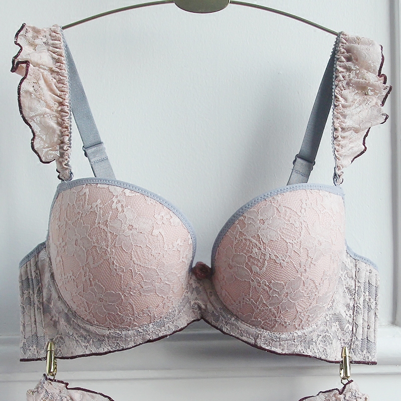 Elegant Lace Lotus Leaf Edge Thickened Air Cushion Small Chest Underwear Lady Sexy Deep V Coalesch Adjusted Underwear