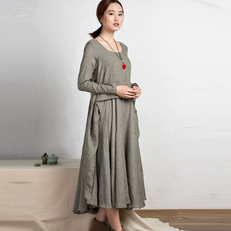 Quần áo phụ nữ cotton và lanh 2015 mùa xuân và mùa thu phụ nữ hâm mộ văn học rộng rãi dài tay cạp cao hai mảnh váy dài giữa mới - Váy eo cao