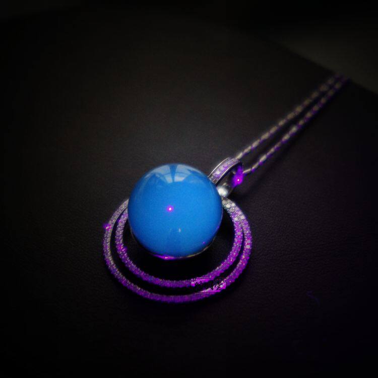 修明堂 多米尼加天空蓝纯净蓝珀14mm吊坠项链 18k金镶钻女项链