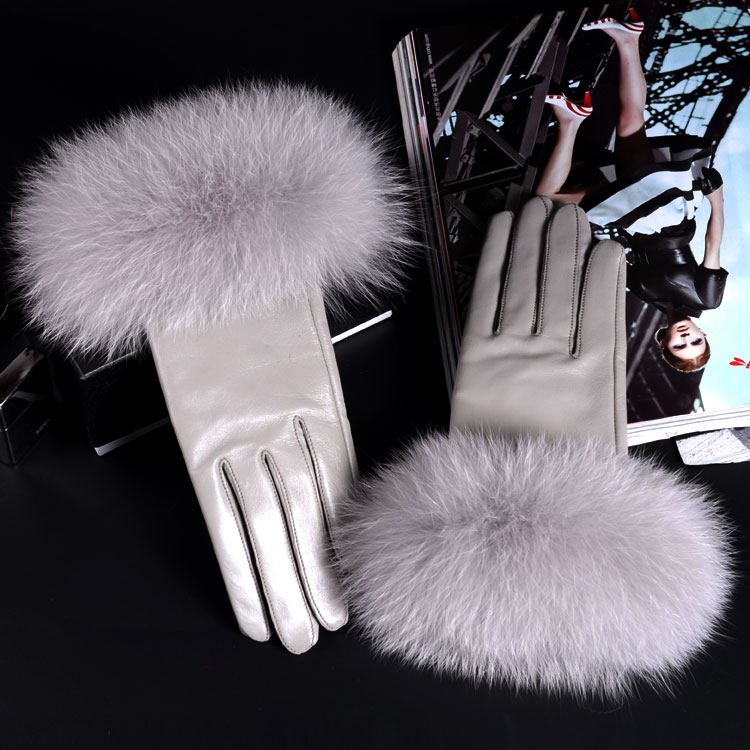 Special Fox Fur Gloves Mountain Goat Leather Genuine Leather Gloves Grey Cute Fox Fur Thickened Winter Warm Leather Gloves