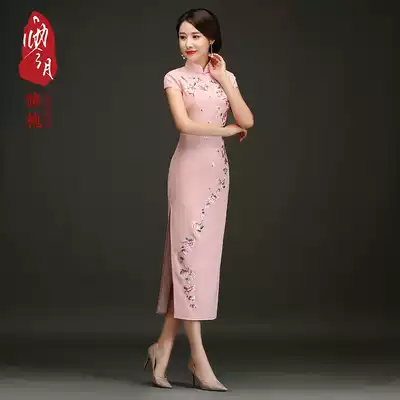 Zero month handmade old Shanghai cheongsam pink autumn new silk wedding dress slim-fit mother improved long version