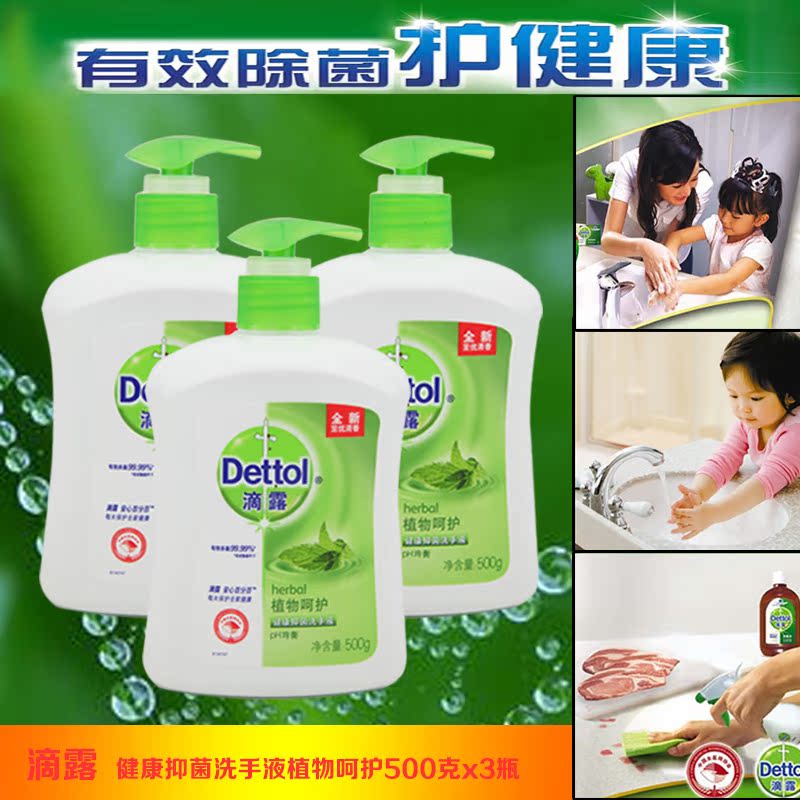 滴露健康抑菌洗手液植物呵护500g瓶装x3瓶消毒