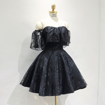 Fashion Show Slim Black Annual Meeting Evening Dress Short of a shoulder Shoulder Banquet Party Walk Show Small Gown Evening Dress Fluffy Dress