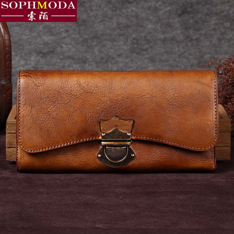 Lady Handmade Leather Clip Female Head Layer Cow Leather Money Clip Women's Retro Wallet Woman Long Version Pull Chain Genuine Leather 2022 New Woman