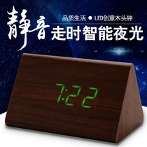 Small alarm clock mute childrens wooden clock pendulum piece Retro nostalgic bedside simple luminous student bedroom clock