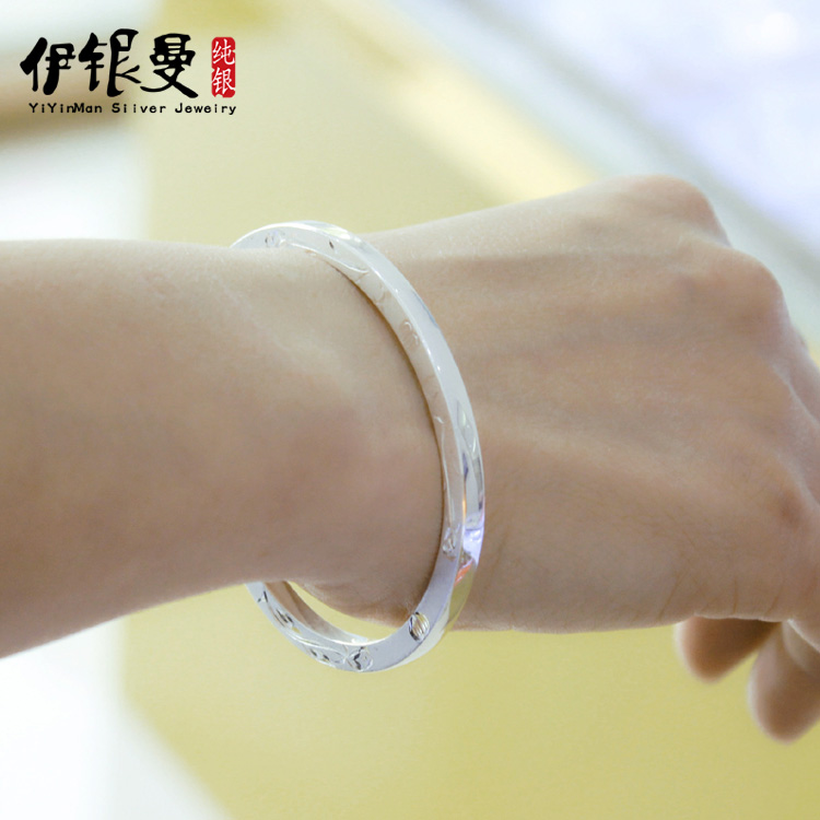 999 silver bracelet pure silver side printed hand ring Fashion minimalist Korean version bracelet silver decorated with rose-sending lovers