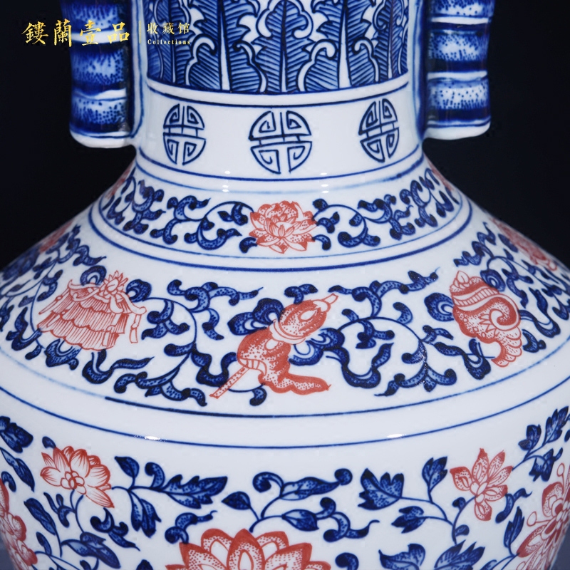 Jingdezhen ceramics imitation the qing qianlong blue tie up lotus flower ear vase Chinese style living room home furnishing articles