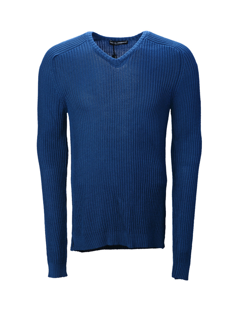 Dolce&Gabbana 深蓝色V字领竖纹长袖针织衫