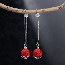 Retro earring red pendant S925 sterling silver ear drop long anti-allergic Super fairy accessories ethnic style jewelry