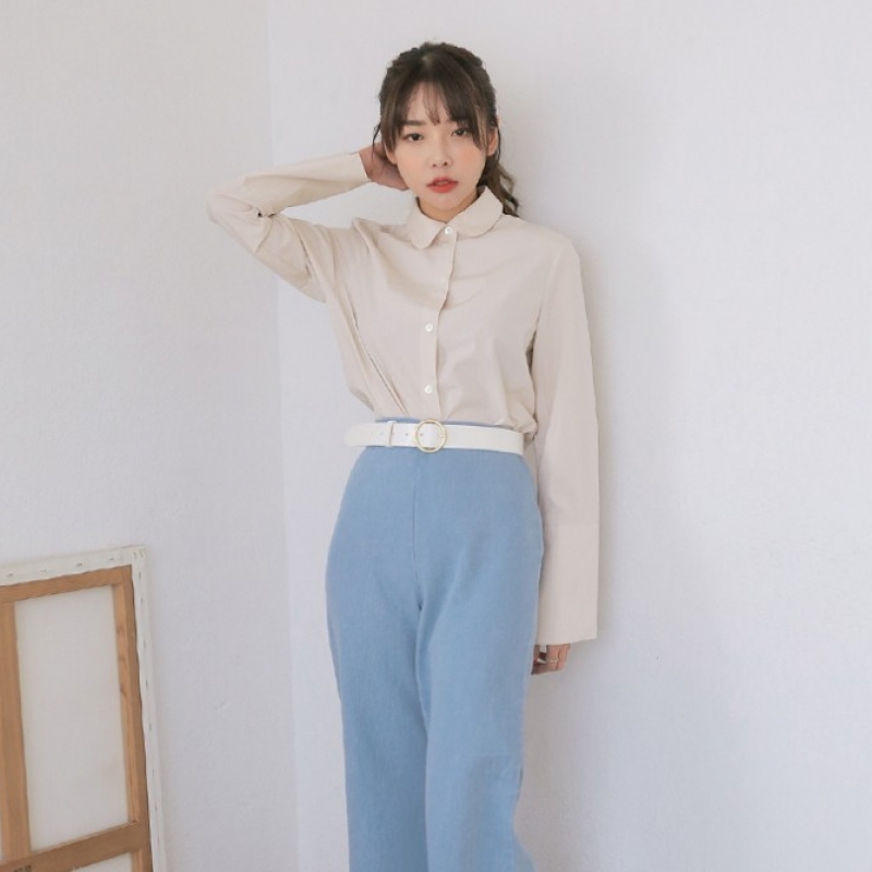 韩国stylenanda官方正品 时尚款宽边袖设计翻领衬衣-米色