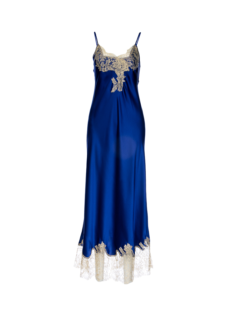 Lucia Berutto 宝蓝色蕾丝拼接设计长款吊带睡裙