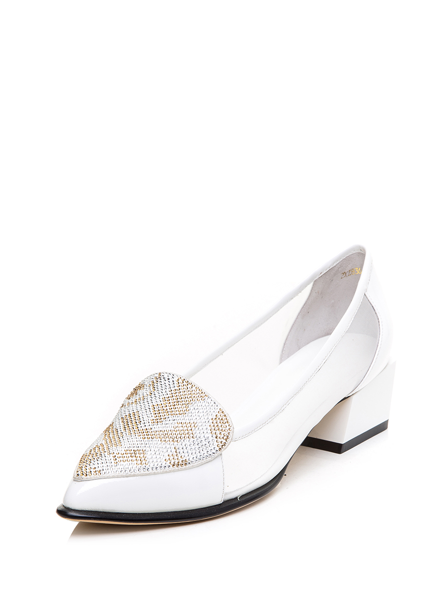 TRANOI 白色网纱晶钻饰尖头粗低跟鞋