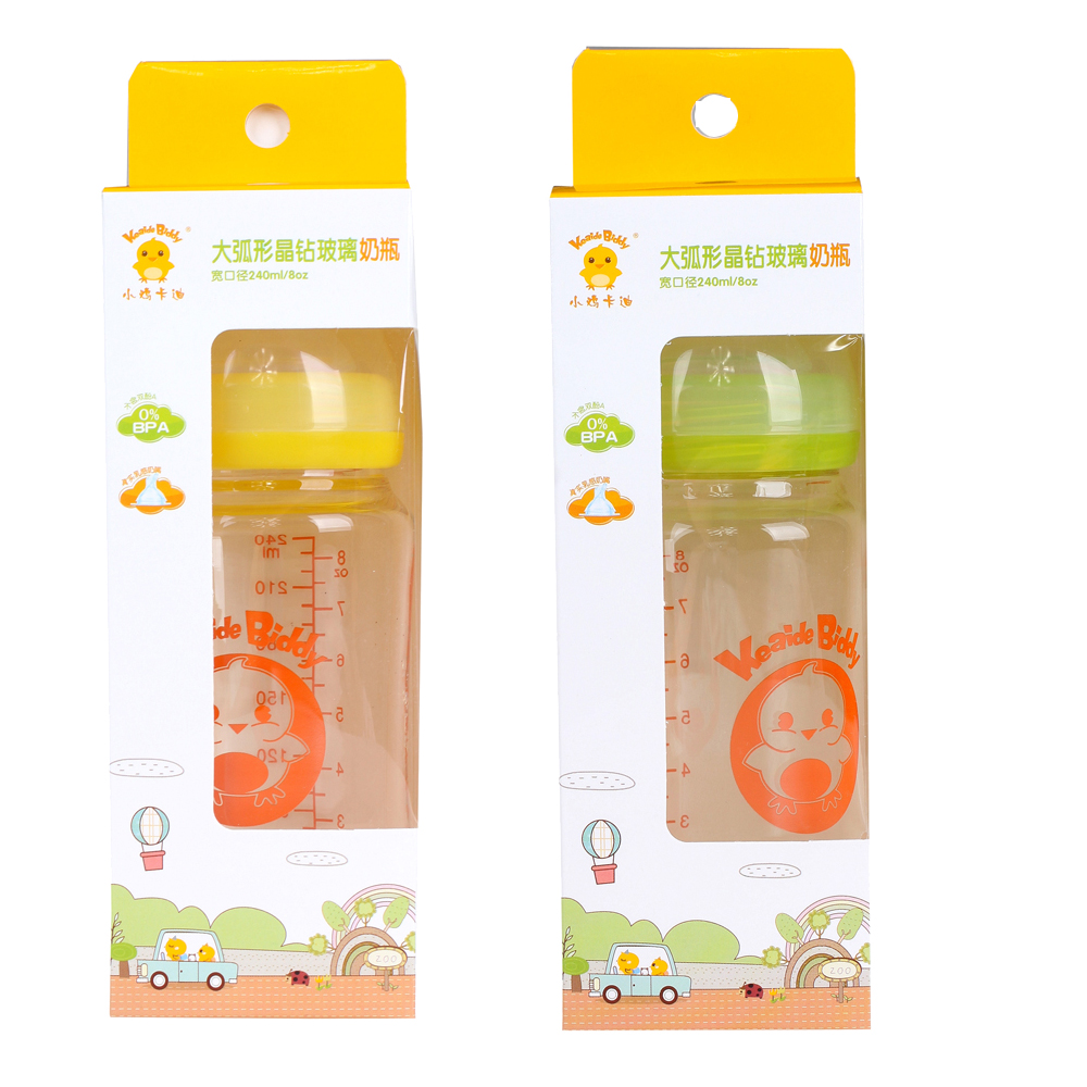 小鸡卡迪KD1036 宽口径圆弧形晶钻玻璃奶瓶 防胀气奶瓶240ml