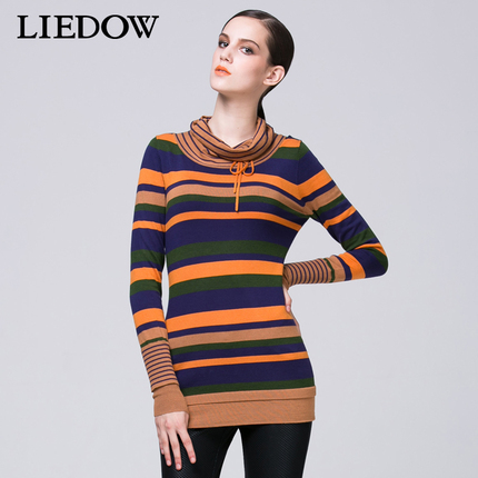 LIEDOW蕾朵正品秋季女装中长款堆堆领多色条纹修身套头羊毛针织衫