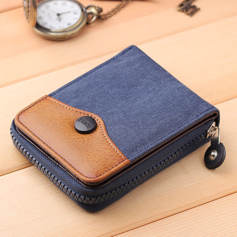 Young Men's Wallet Denim Canvas Vertical short and large capacity Students Zero Money Foreskin Clip Korean Version Personality Tide