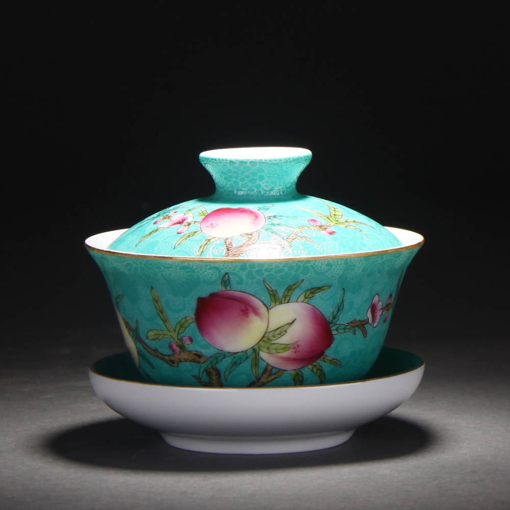 Treasure porcelain forest green lake steak peach flower powder enamel nine small arhat 5 head was a set of jingdezhen ceramic cup hand - made