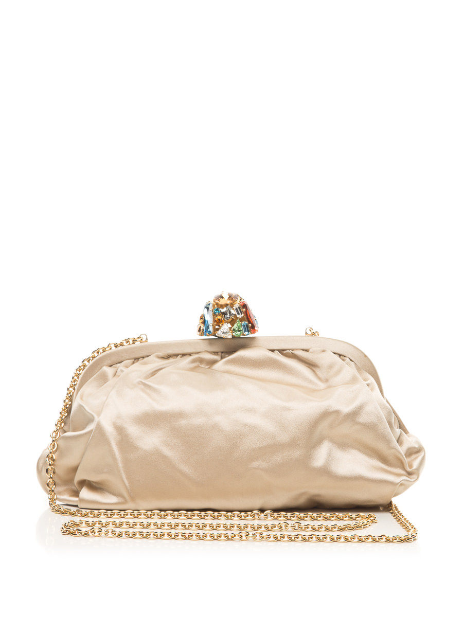 Dolce&Gabbana 米色缎面感晶钻扣链条晚宴包
