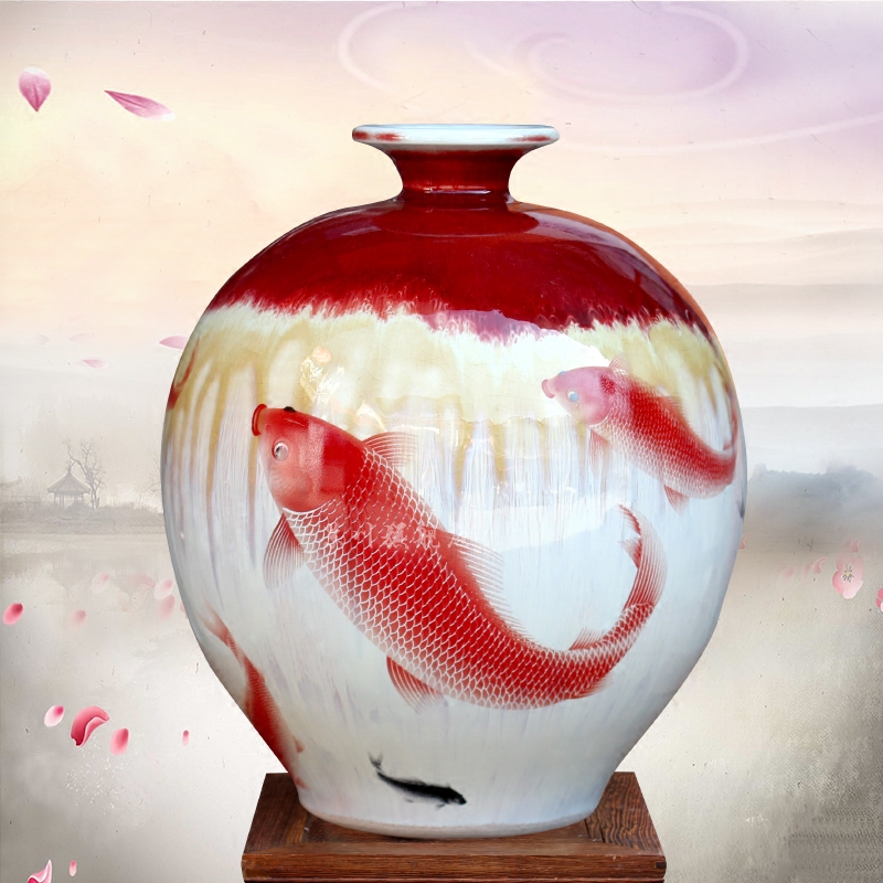 Jingdezhen ceramics up red carp floret bottle of home sitting room desk mesa office furnishing articles of handicraft