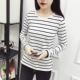 Mùa xuân và mùa thu mới cổ tròn hem chia tay áo thun dài tay nữ thủy triều sọc hoang dã áo sơ mi nữ áo sơ mi nữ hàn quốc Mùa xuân